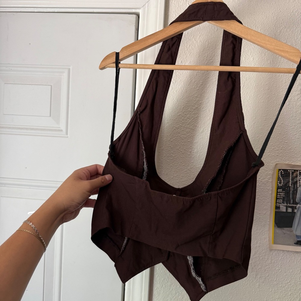 VINTAGE y2k brown paper tag halter neck cropped vest tuxedo top - Picture 4 of 5